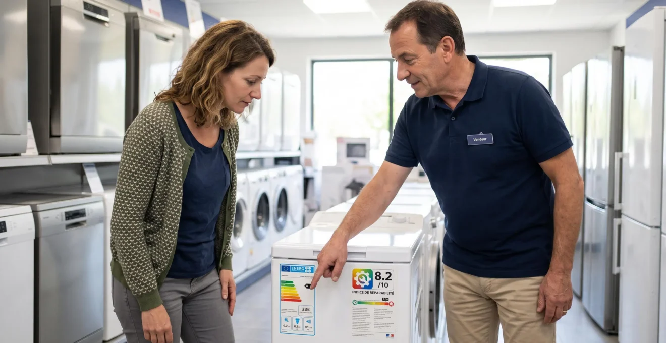 Client et conseiller de vente examinant ensemble l'étiquette énergie européenne et l'indice de réparabilité français affichés sur un appareil électroménager en magasin spécialisé