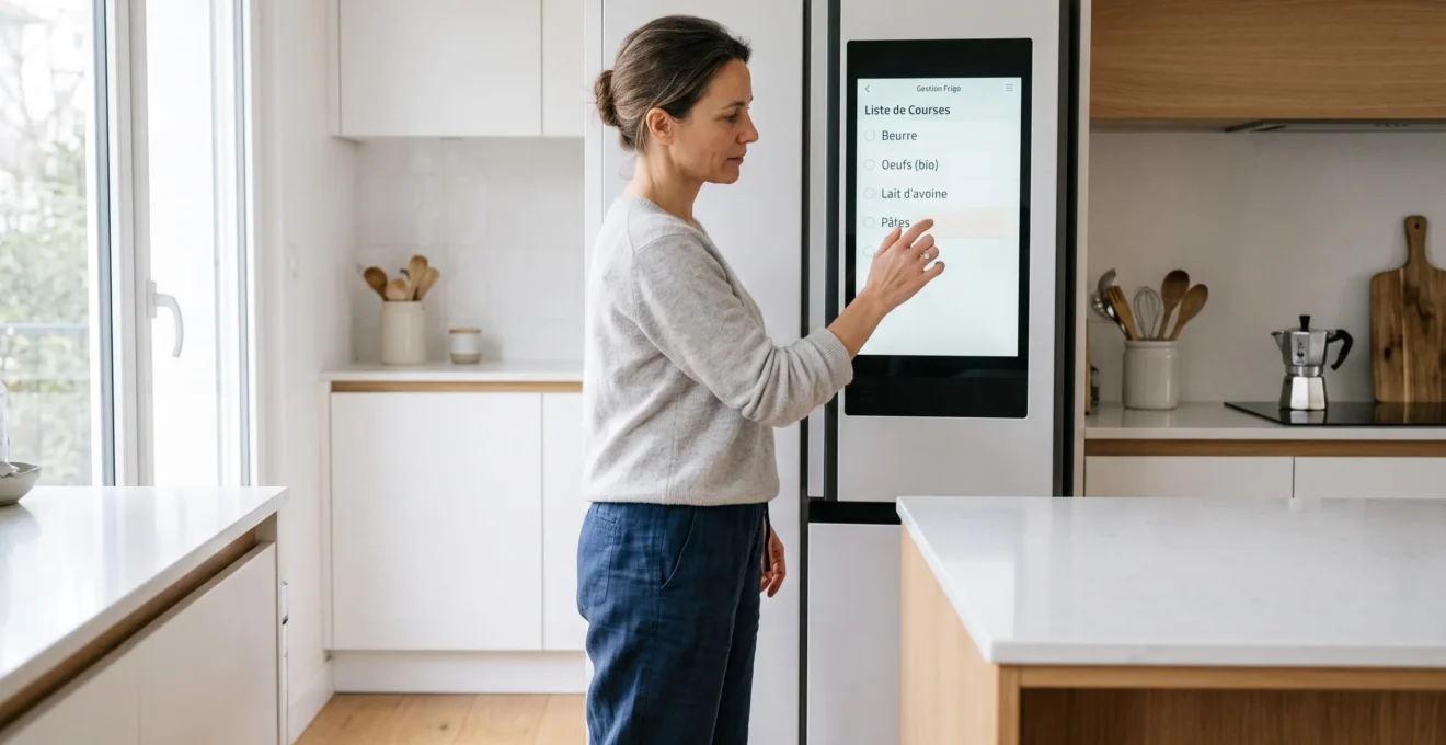 Femme consultant l'écran tactile intégré à la porte d'un réfrigérateur connecté dans une cuisine contemporaine française, affichant une interface de gestion alimentaire en français