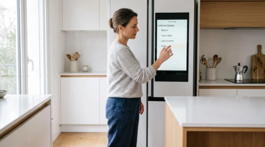 Femme consultant l'écran tactile intégré à la porte d'un réfrigérateur connecté dans une cuisine contemporaine française, affichant une interface de gestion alimentaire en français