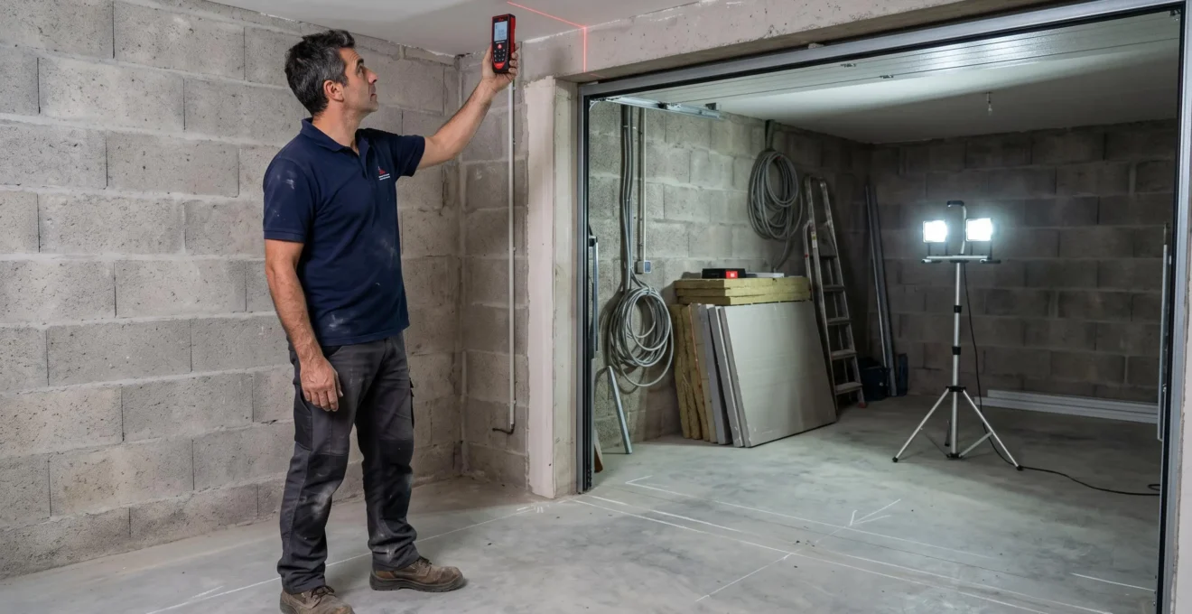 Installateur professionnel de dos mesurant la hauteur sous plafond d'un garage en rénovation avec télémètre laser rouge pointé vers le linteau, éclairage de chantier et murs bruts