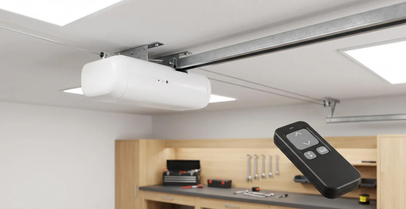 Moteur tubulaire blanc de porte de garage installé au plafond d'un garage résidentiel avec rail de guidage métallique et télécommande radio noire au premier plan sur établi