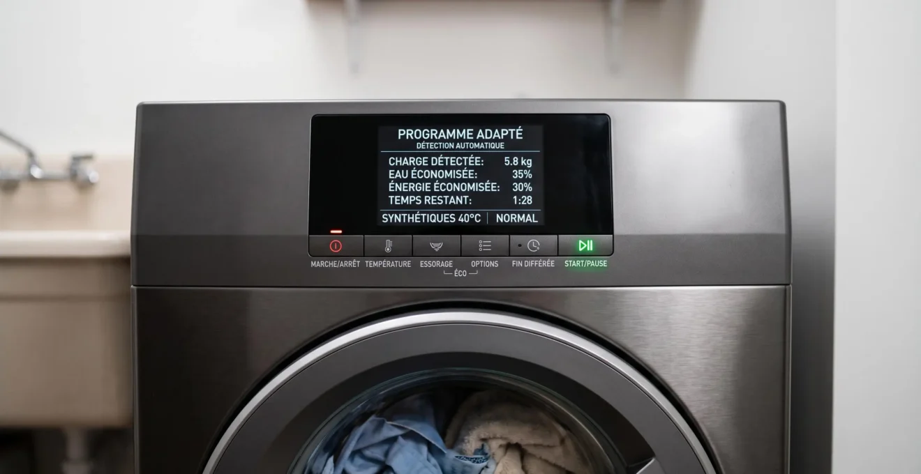 Panneau de contrôle numérique d'un lave-linge intelligent affichant en français la détection automatique de charge et l'optimisation du cycle de lavage