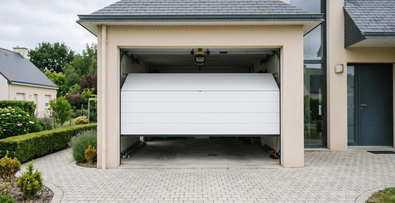Porte de garage sectionnelle blanche partiellement ouverte installée sur garage de pavillon résidentiel français moderne, panneaux horizontaux et mécanisme de rails visibles, allée pavée et façade crépi beige