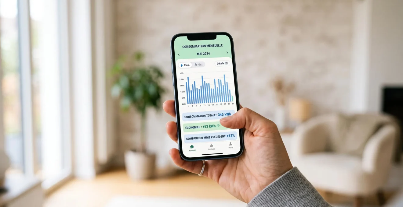 Smartphone tenu en main affichant une application mobile de suivi de consommation énergétique en français, avec graphique mensuel et indicateurs d'économies réalisées